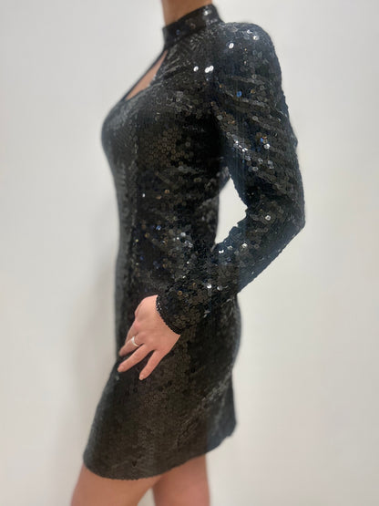 Zwarte pailletten open mini jurk