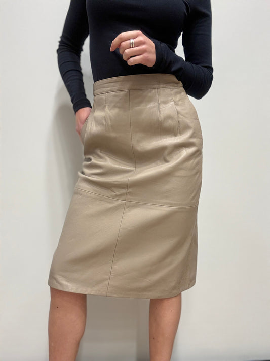 Vintage leren midi rok in beige grijs