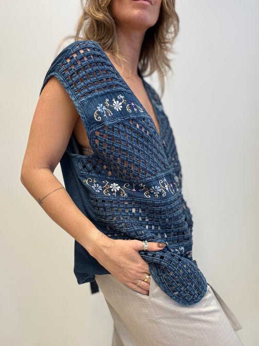 Embroidered Indigo Crochet Vest