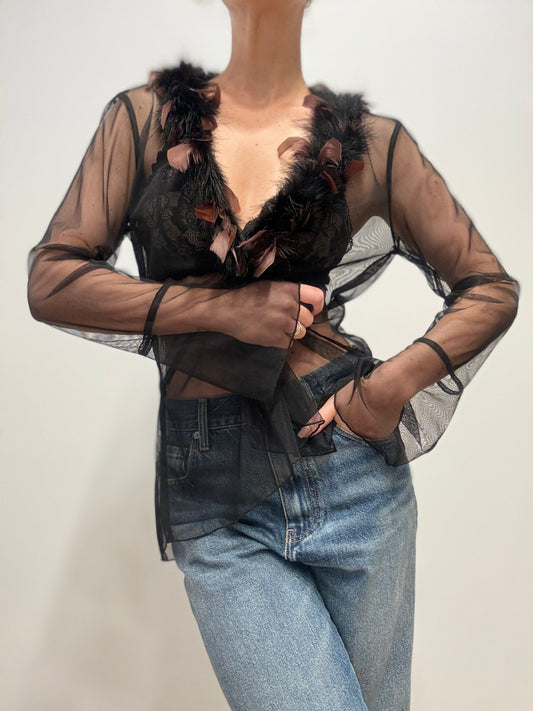 Vintage Sheer Tulle Blouse with Feather Trim in Black