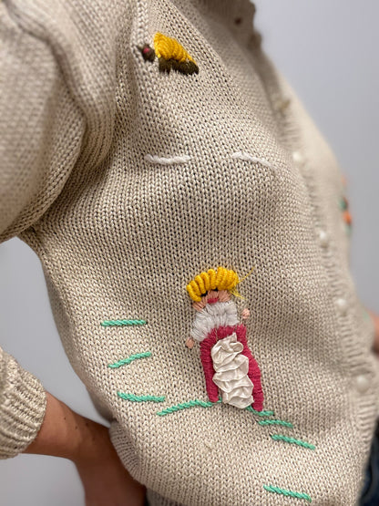 Vintage Gebreid Vest met Handgeborduurde Details