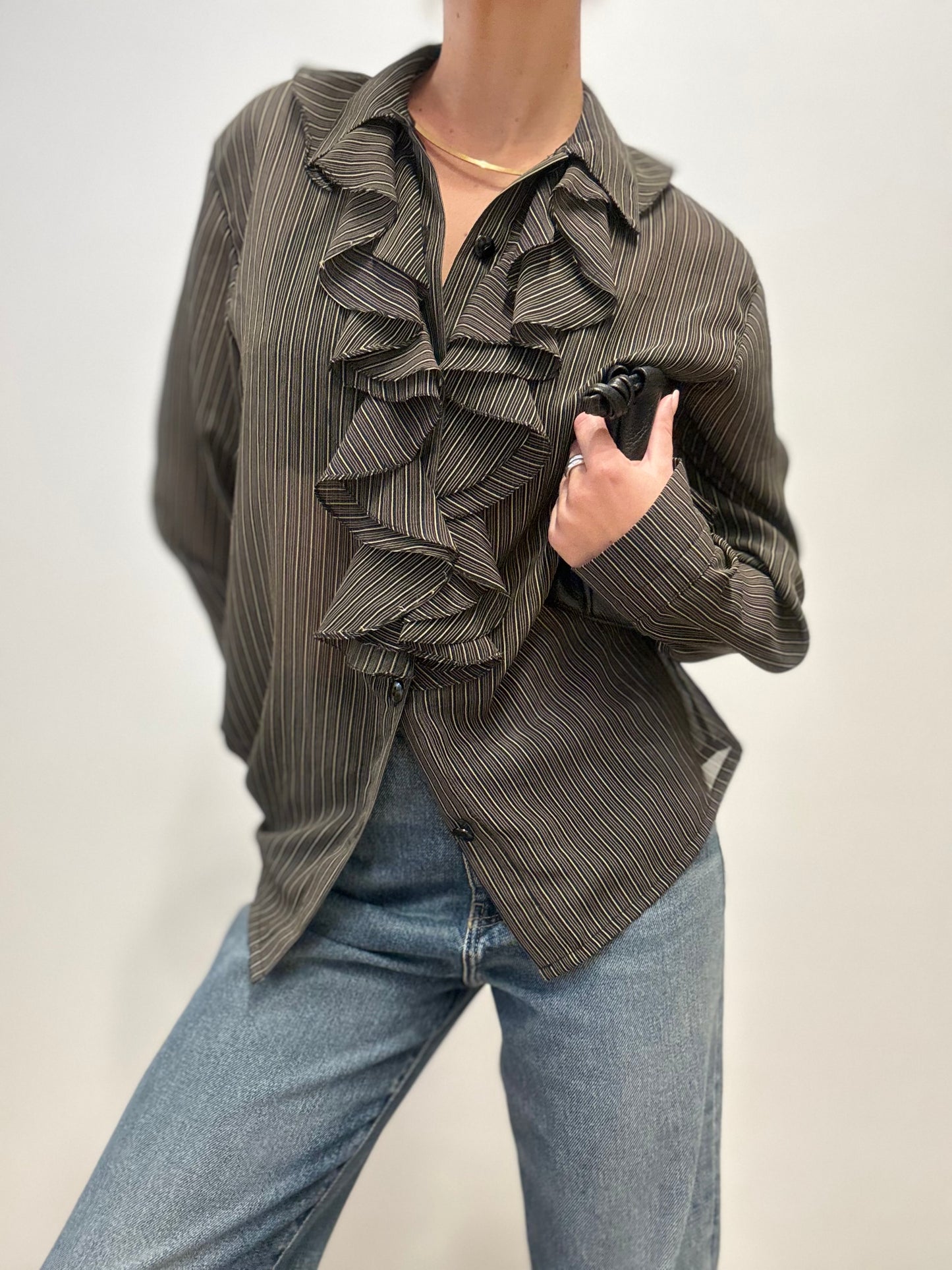 Vintage Ruffled Blouse in Black Pinstripe