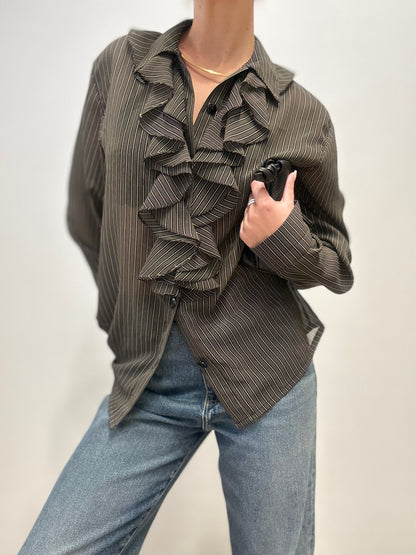 Vintage Ruffled Blouse in Black Pinstripe