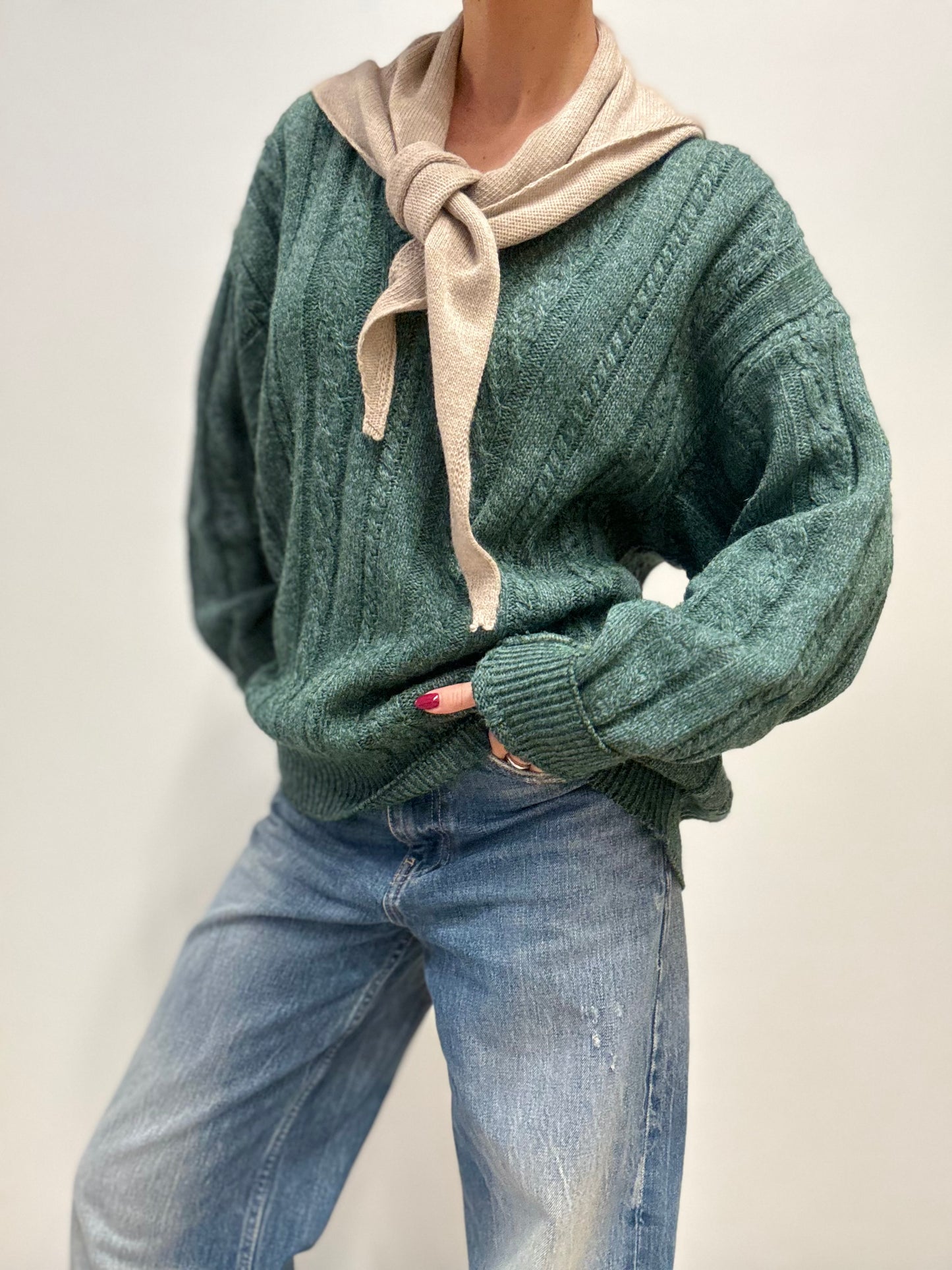 Groene Vintage Wollen Trui met V-hals