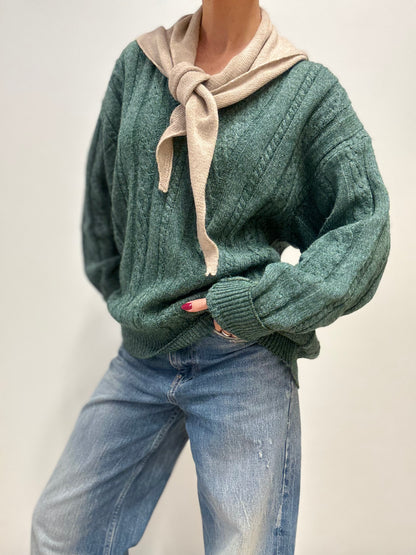 Groene Vintage Wollen Trui met V-hals