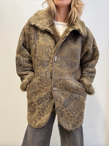 Vintage Shearling Coat with Patterned Suede Finish