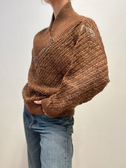 Vintage Brown Wool-Blend Sweater with Buttoned Collar