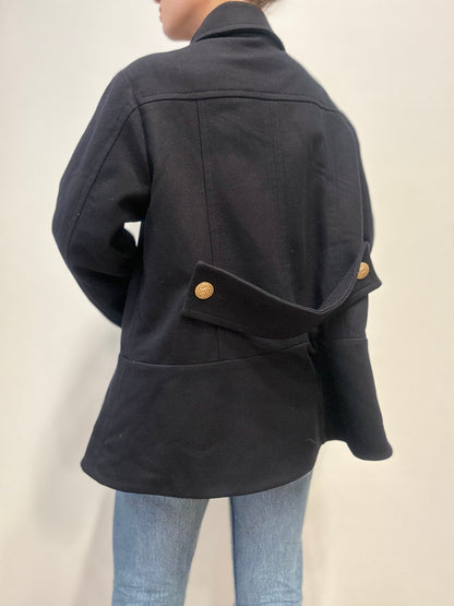 Vintage Italian Wool Peacoat with Gold Buttons in Dark Blue