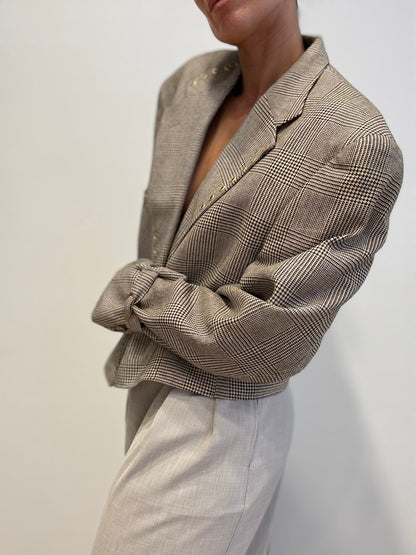 Checked Cropped Blazer with Gold Eyelets – Upcycled by Yenvi Studio