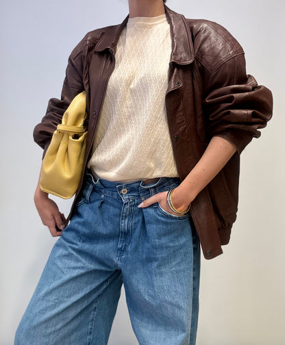 Vintage Leather Bomber Jacket in Chocolate Brown