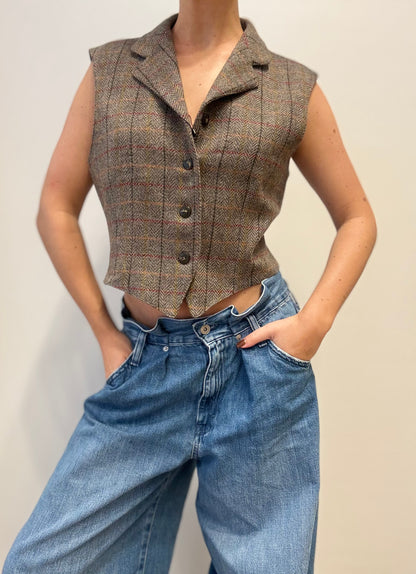Max Mara Vintage Wool Waistcoat in Checked Tweed