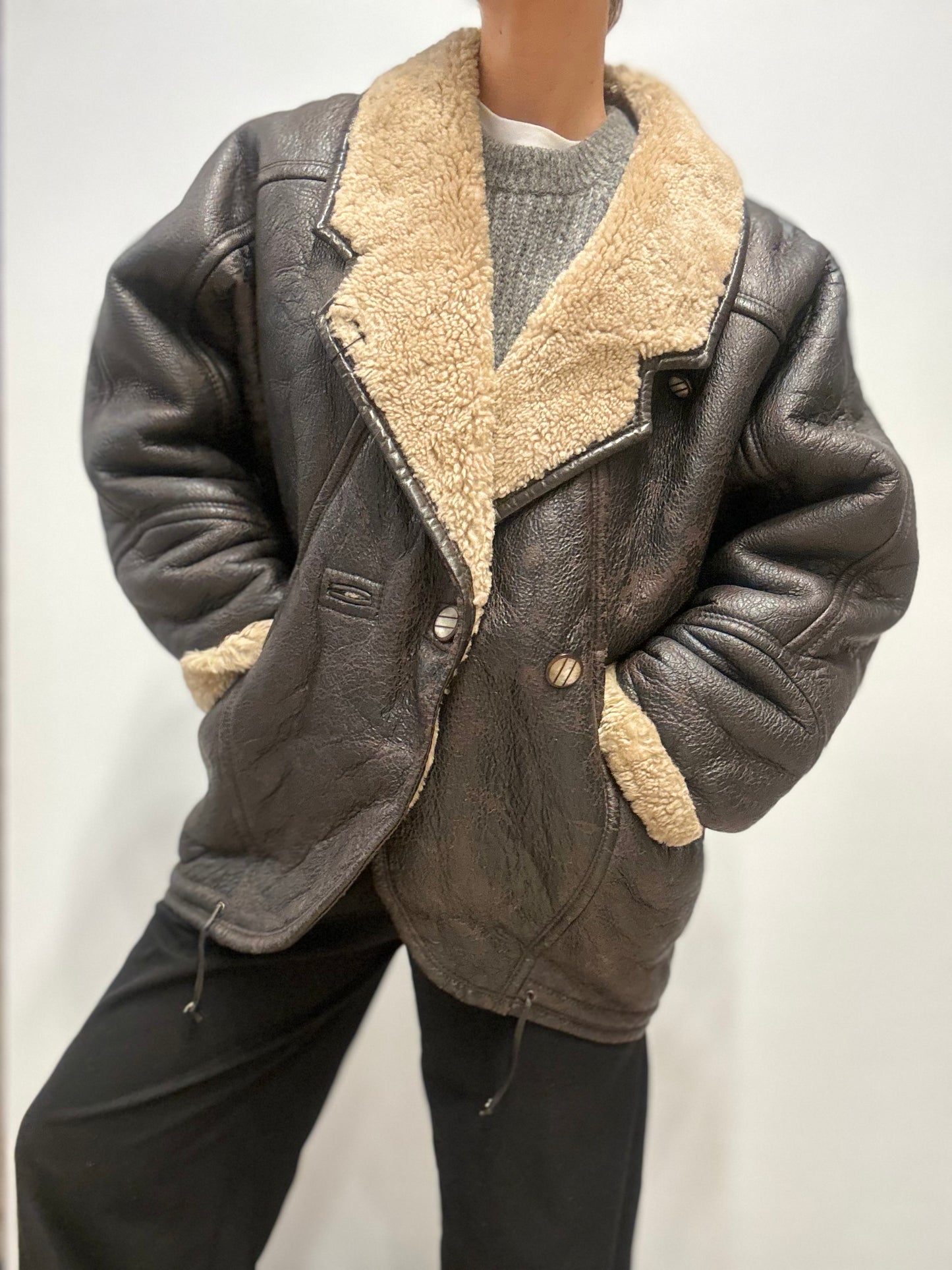 Vintage shearling Leren Jas in Donkerbruin