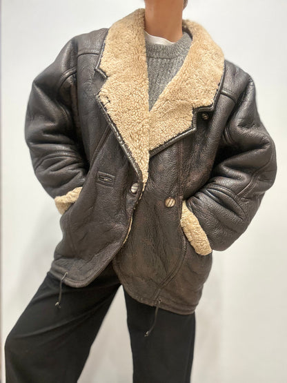 Vintage shearling Leren Jas in Donkerbruin