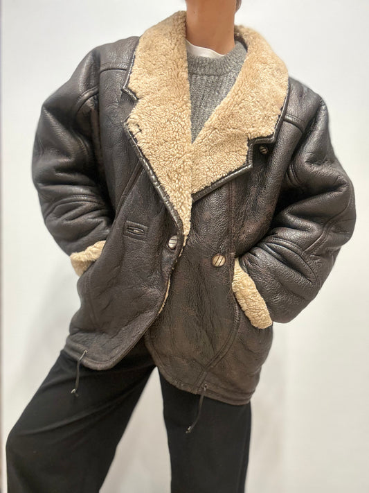 Vintage shearling Leren Jas in Donkerbruin