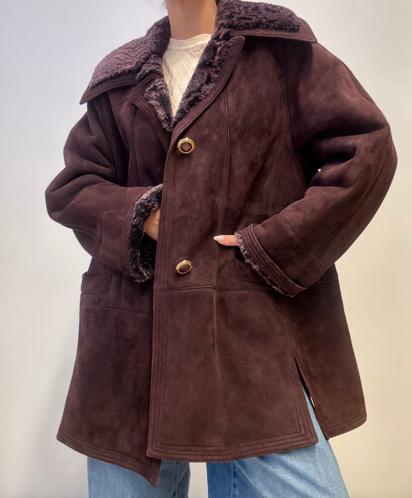 Vintage Lammy Shearling Coat in Burgundy Halflong
