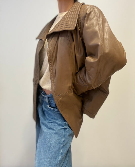 Vintage Leather Jacket with Quilted Collar in Taupe Brown