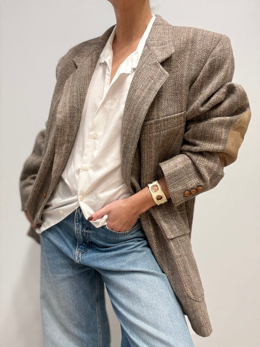 Vintage Wolblend Blazer met Visgraatpatroon