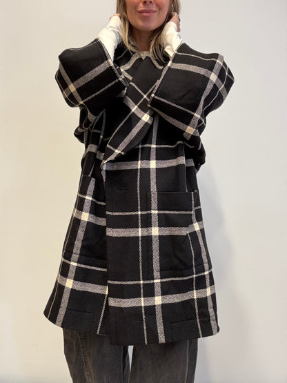 Vintage Oversized Checked Coat in Black & Cream
