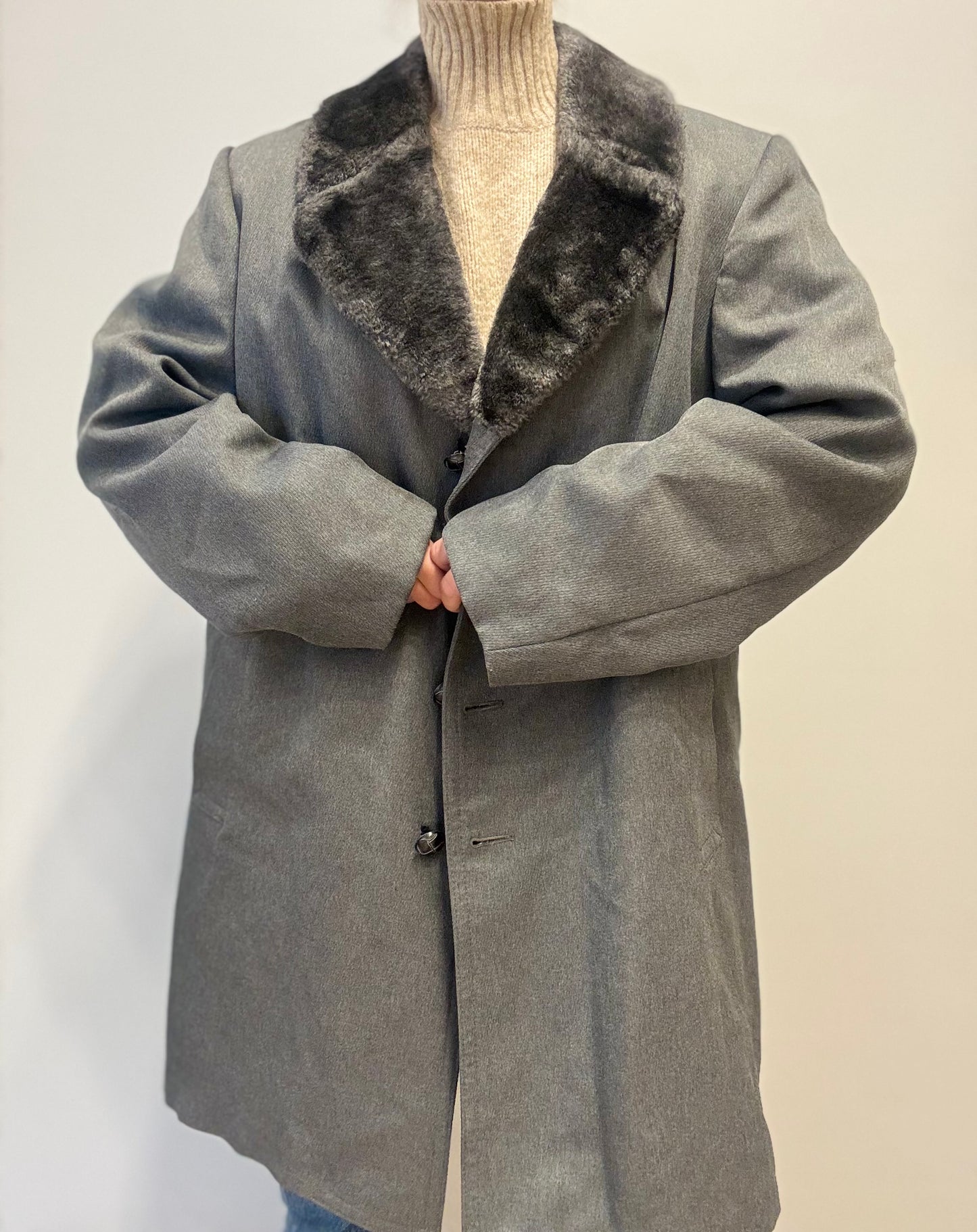 Vintage London Fog Wolmantel met Imitatiebontkraag in Antracietgrijs