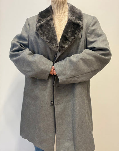 Vintage London Fog Wolmantel met Imitatiebontkraag in Antracietgrijs