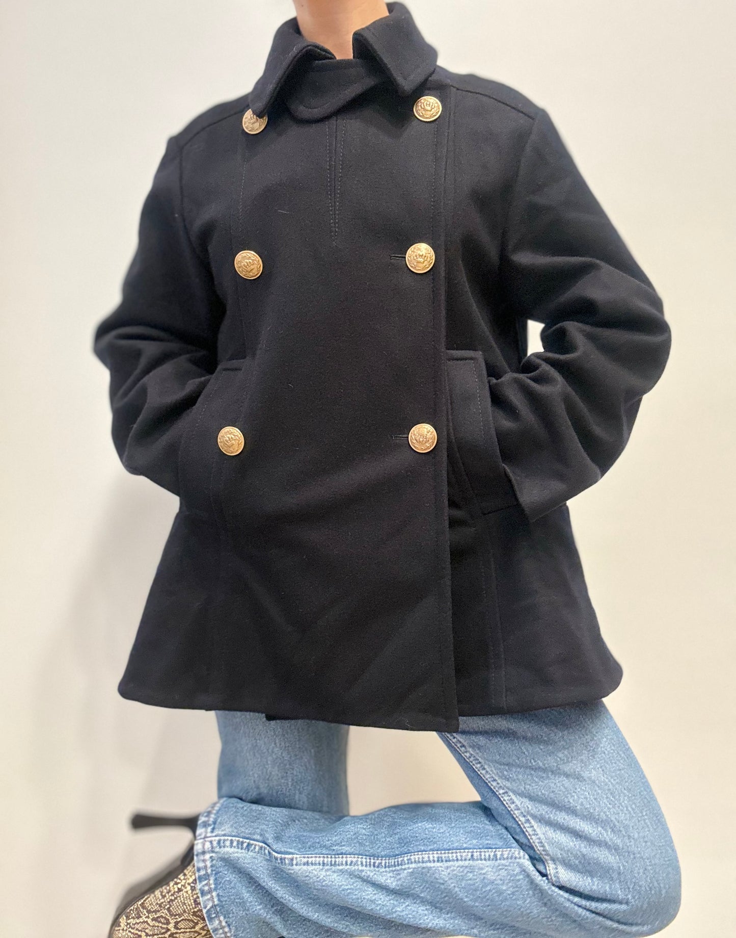 Vintage Italian Wool Peacoat with Gold Buttons in Dark Blue