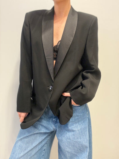 Vintage Zwarte Blazer met Satijnen Details
