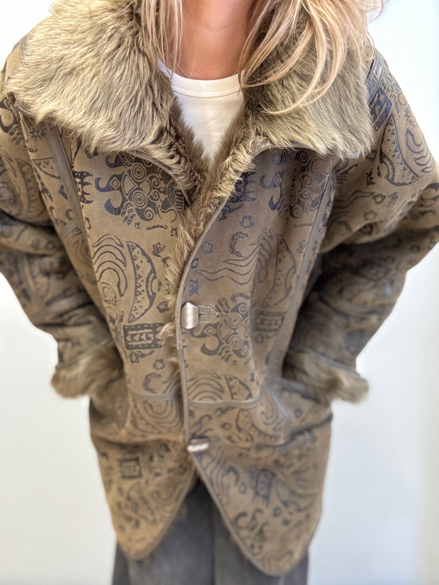 Vintage Shearling Coat with Patterned Suede Finish