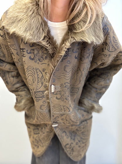 Vintage Shearling Coat with Patterned Suede Finish
