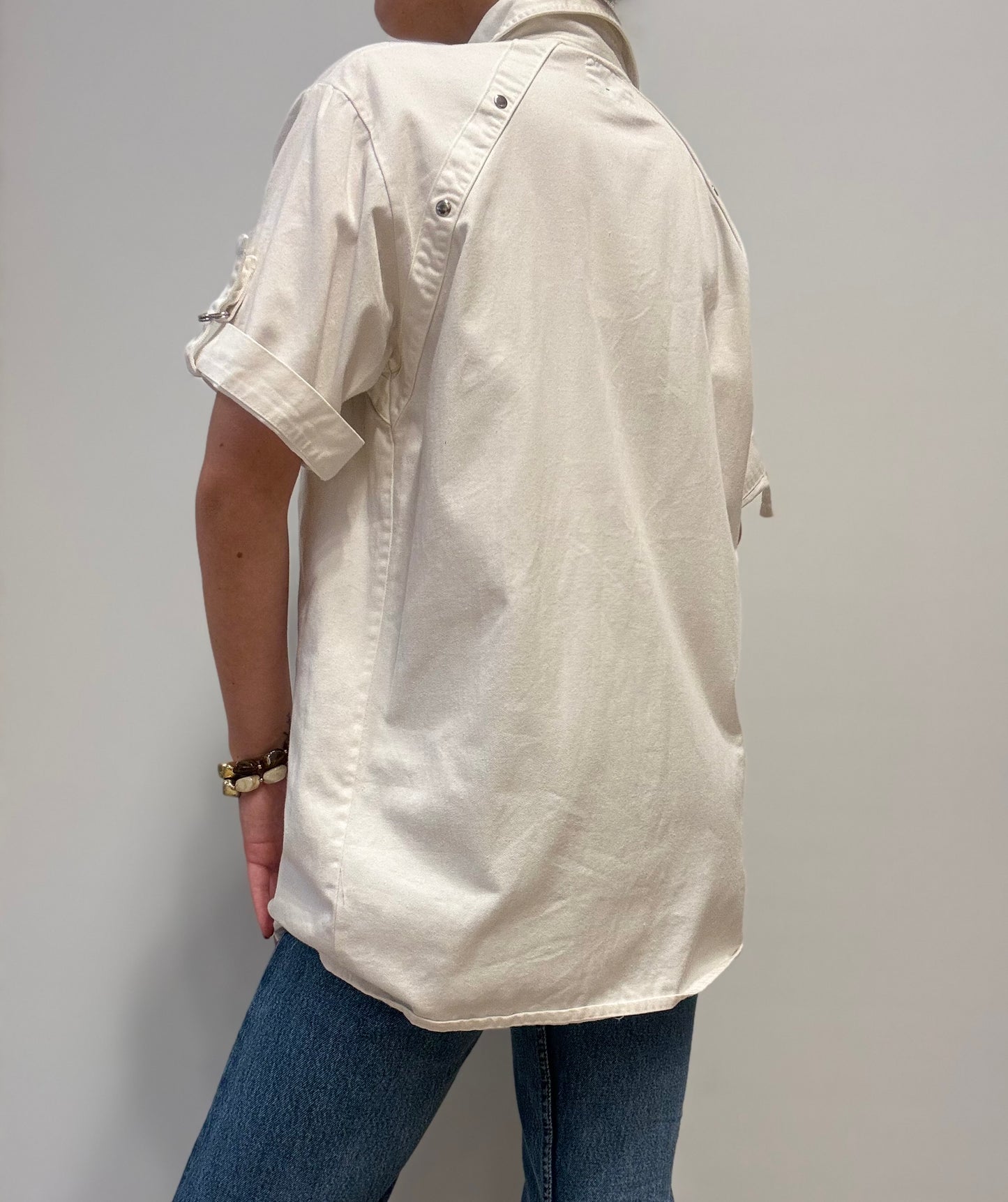 Vintage White Denim Shirt with Zipper Pockets
