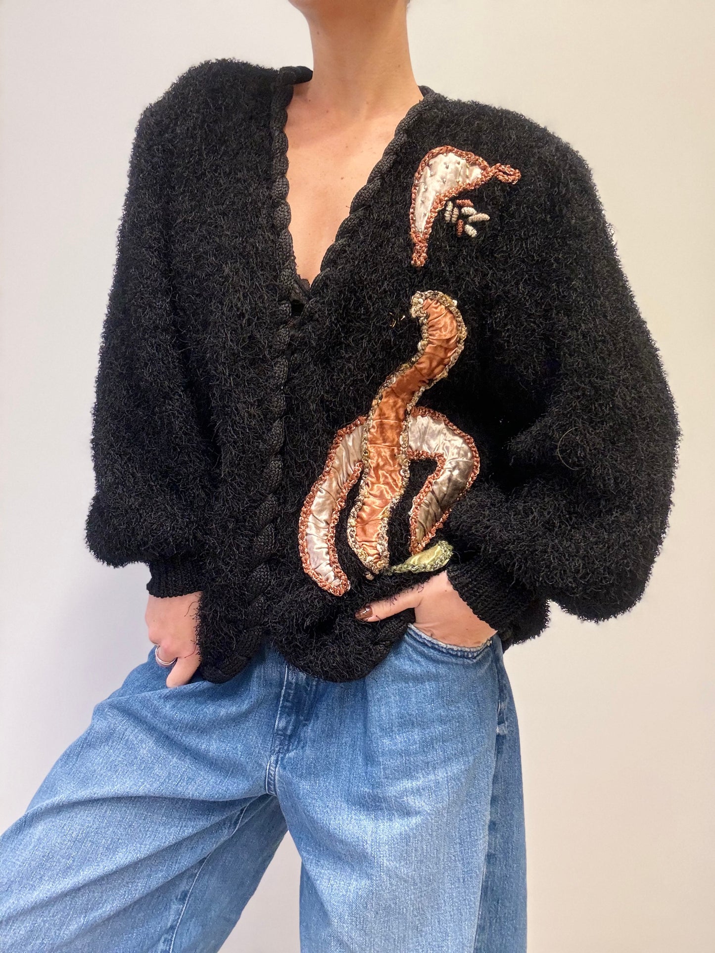 Vintage Black Textured Cardigan with Embroidered Satin Detail