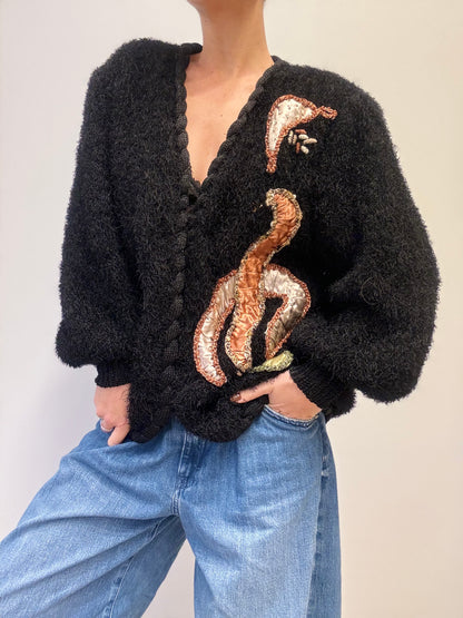Vintage Black Textured Cardigan with Embroidered Satin Detail