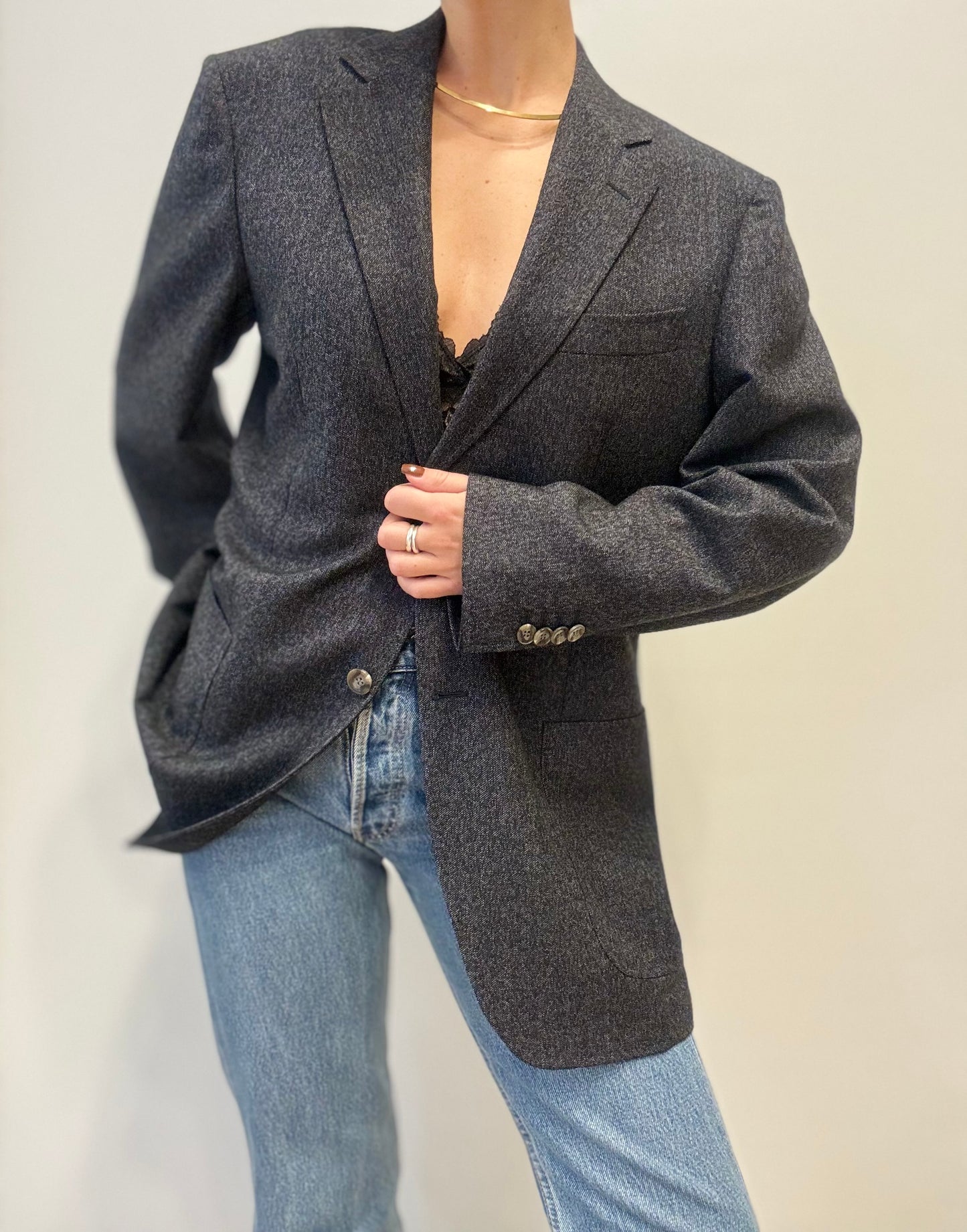 Luxury Vintage Wool Blazer in Navy Blue