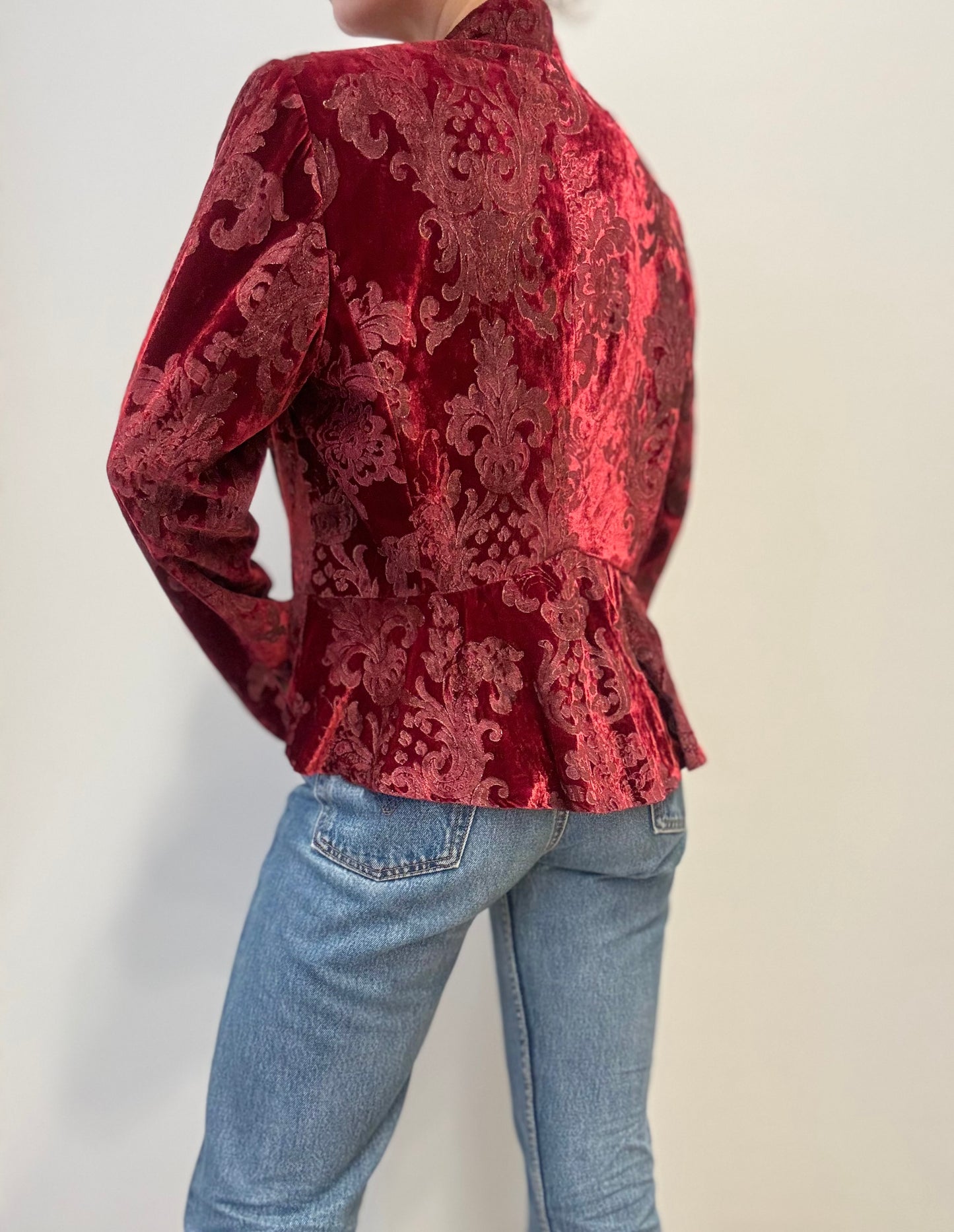 Vintage Fluwelen Brokaat Blazer in Dieprood