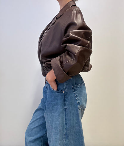 Vintage Cropped Leather Jacket in Dark Brown