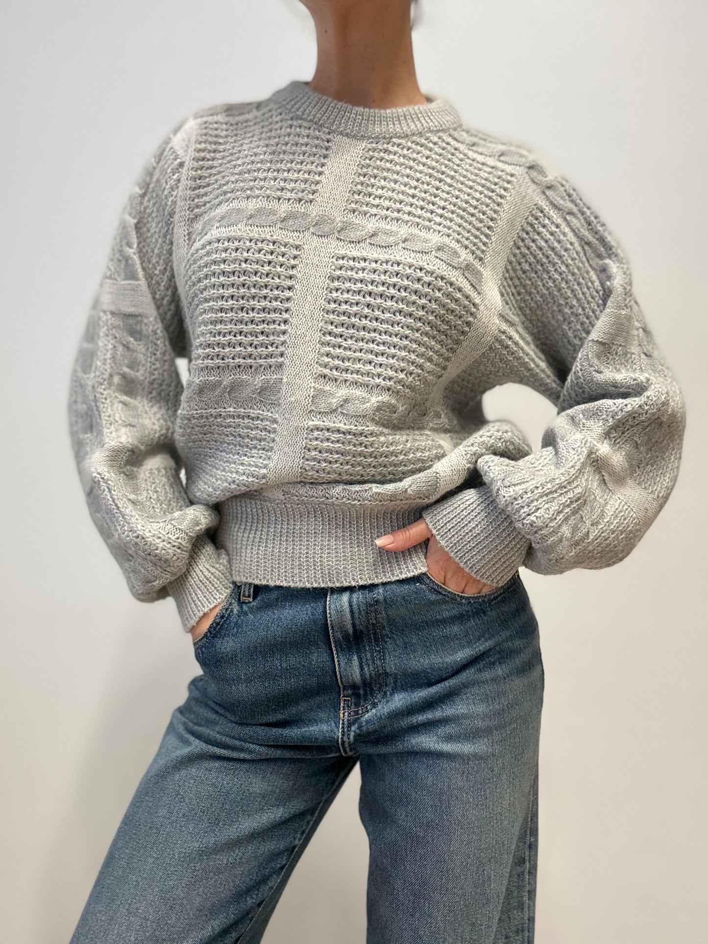 Vintage Grijze Kabelgebreide Trui van Wolmix