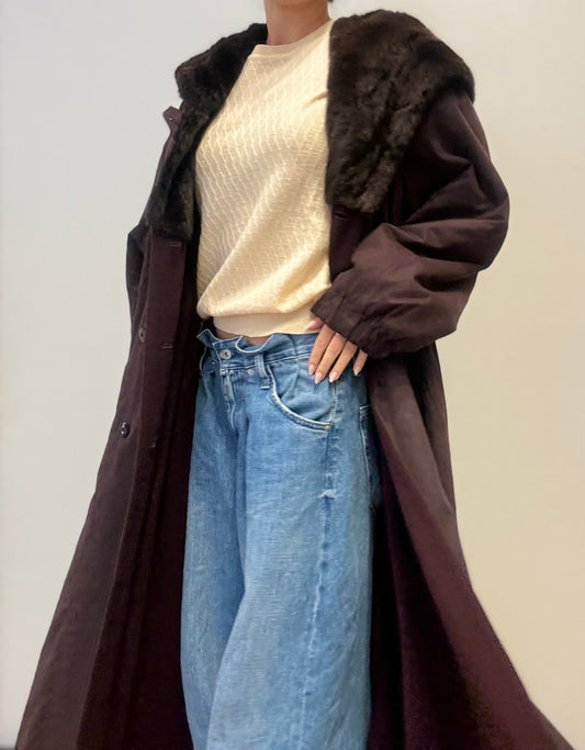 Vintage Maxi Coat with Fur Collar in Burgendy
