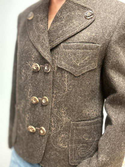 Vintage wollen jasje met borduursels – bruin