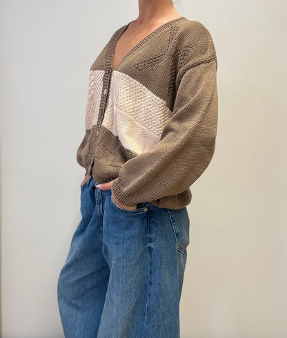 Vintage Gebreide Patchwork Cardigan in Aardetinten