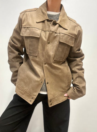 Vintage taupebruine leren utility jas