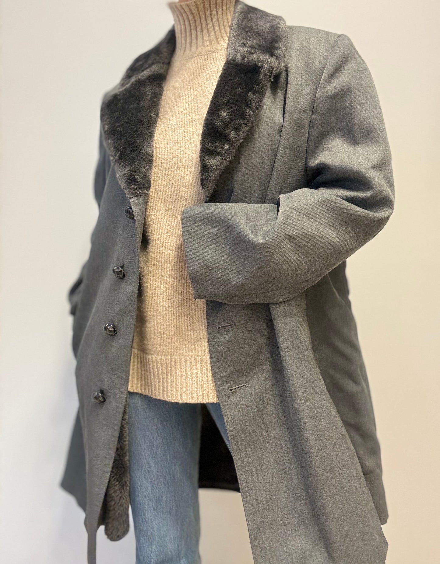 Vintage London Fog Wolmantel met Imitatiebontkraag in Antracietgrijs