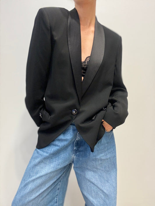 Vintage Zwarte Blazer met Satijnen Details