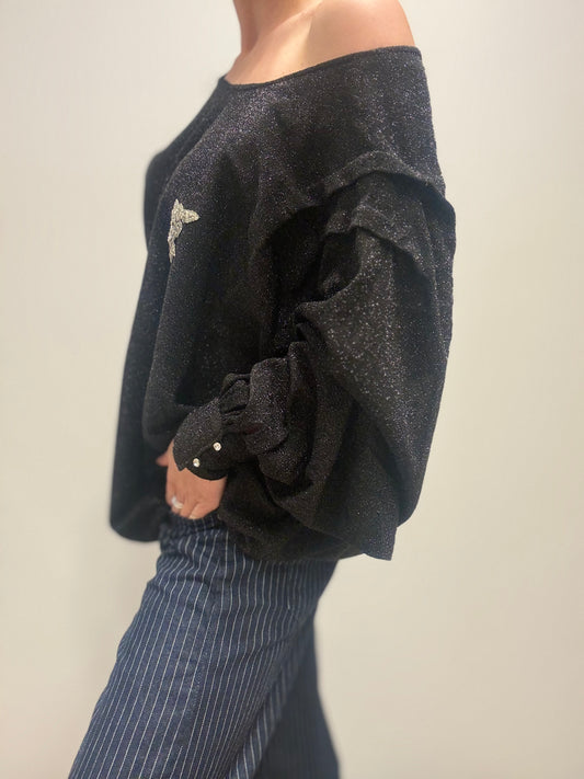 Off shoulder glitter top met detail