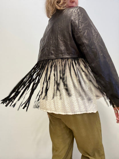 Black cropped leather fringe jacket