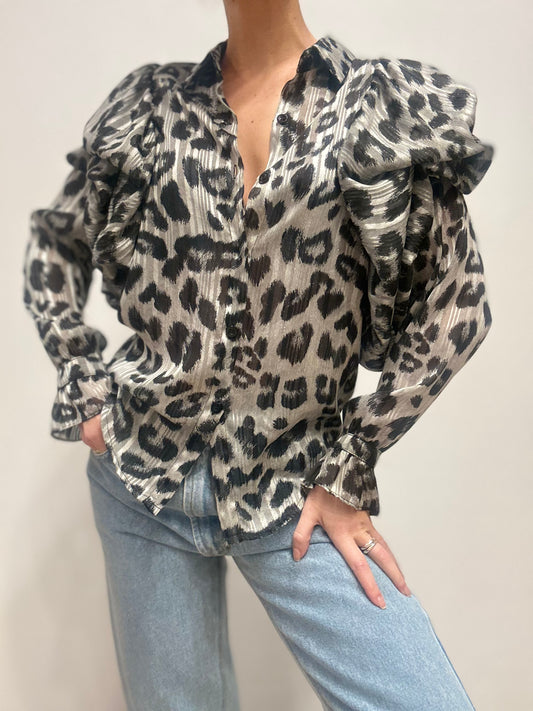 Glanzende Luipaardprint blouse met pofschouders