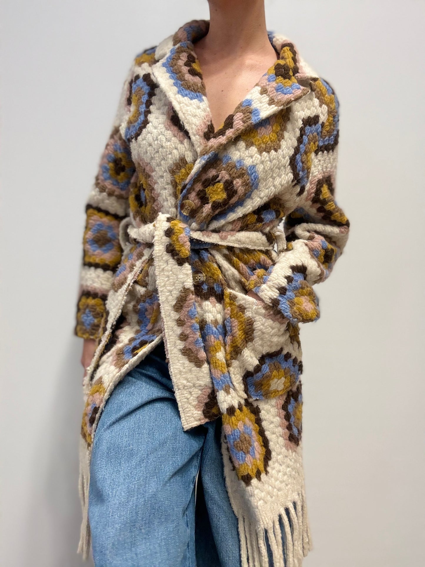 Vintage Wool-Blend Hand-Knitted Coat with Geometric Pattern
