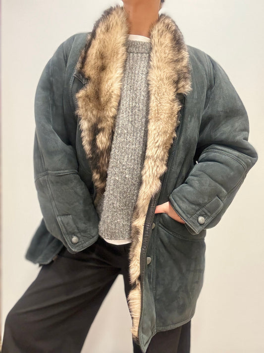 Vintage Reversible Shearling Coat in Donkergroen