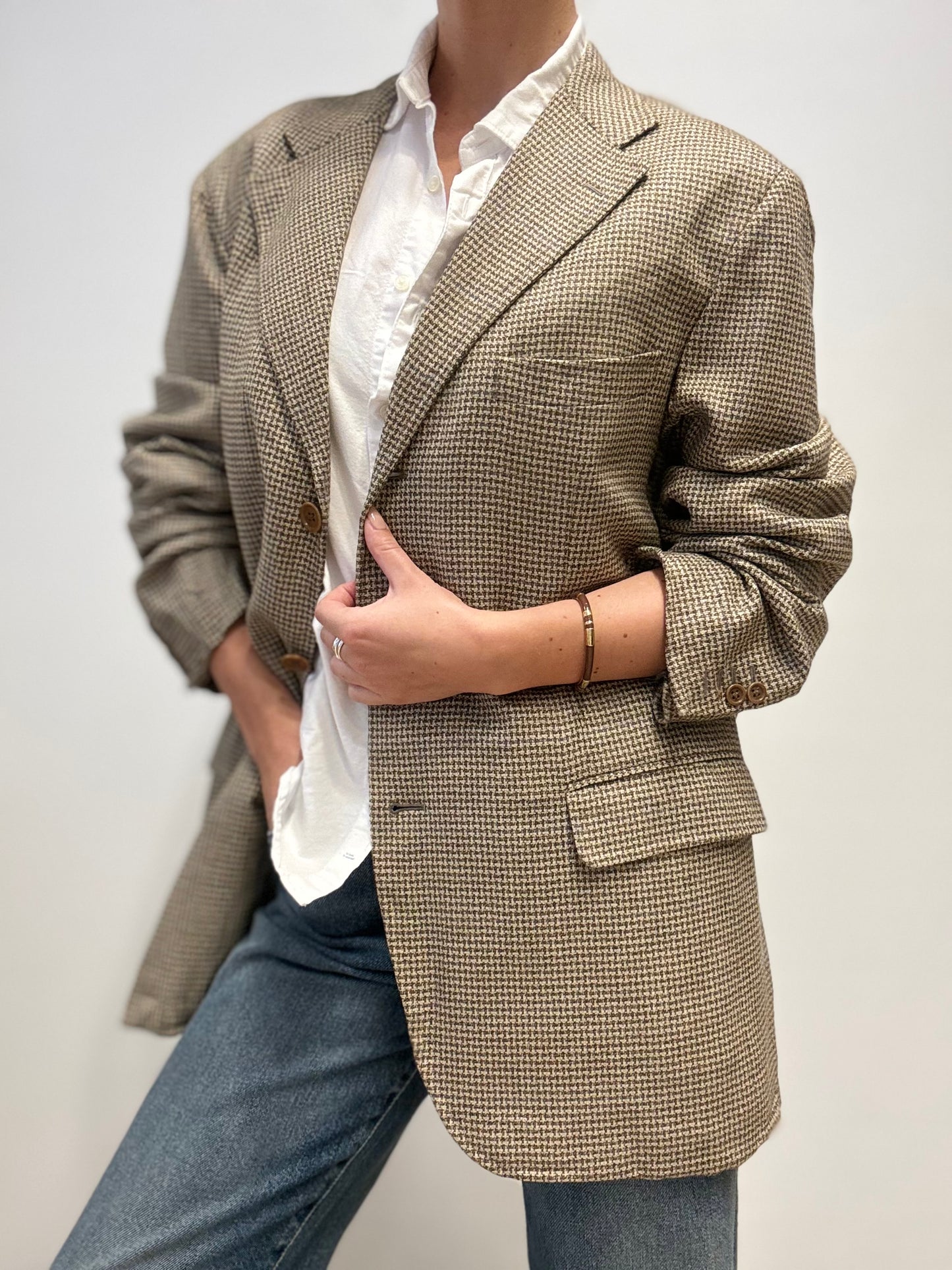 Vintage Burberry Wool & Cashmere Blazer in Houndstooth Beige