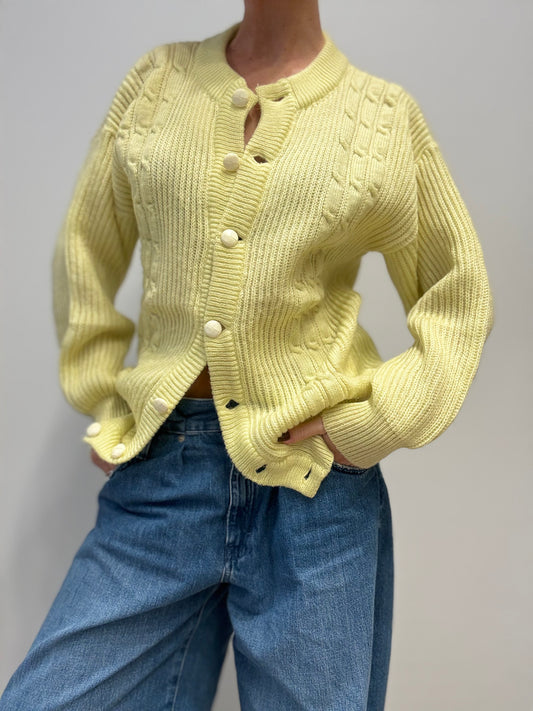 Vintage Alan Brown Cable-Knit Cardigan in Pastel Yellow — Made in Italy