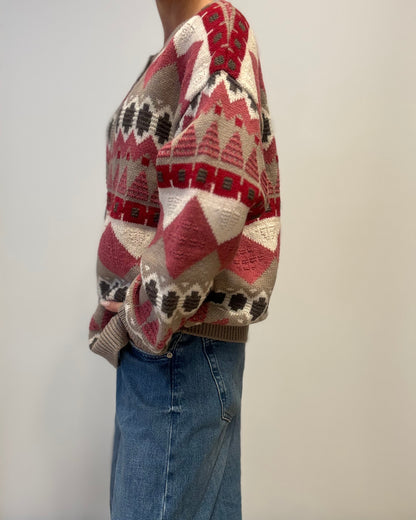Vintage Geometric Knit Cardigan in Red & Taupe