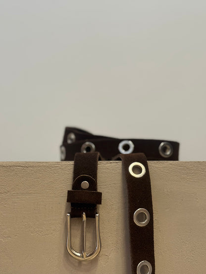 Dark Brown Suede Belt with silver Eyelets